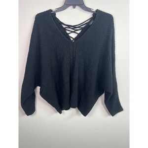 Rue 21 Black Long Sleeve‎ Lace Up V Neck Knit Sweater Size L